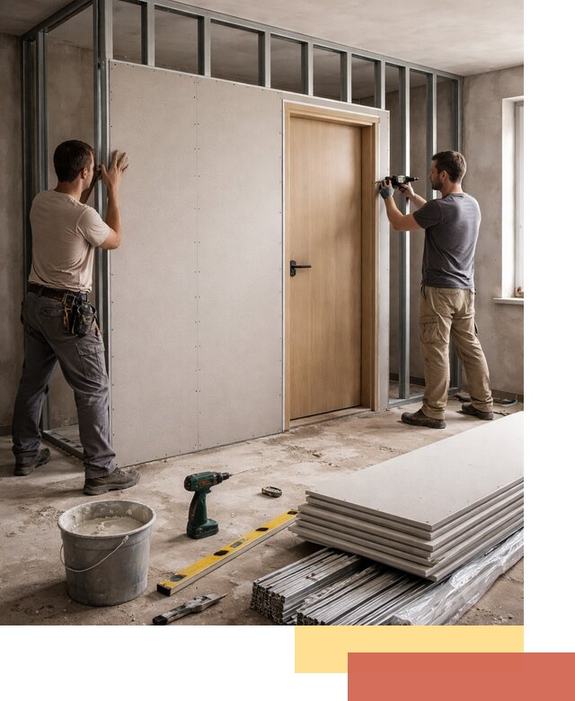 Перегородка из гипсокартона с дверью под ключ в Долгопрудном