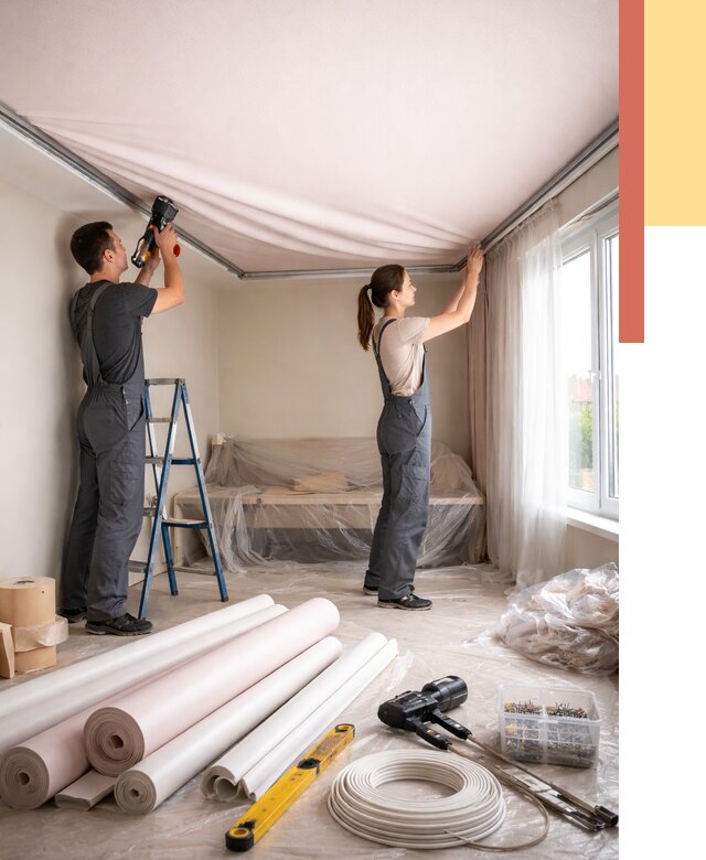 Монтаж цветного натяжного потолка в Долгопрудном от 4261 руб/м² — быстро и недорого | ОТДЕЛОЧНИК-Длг