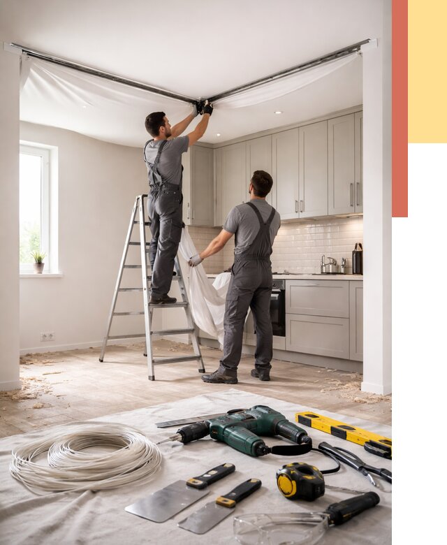 Установка натяжного потолка на кухне в Долгопрудном от 2435 руб. | ОТДЕЛОЧНИК-Длг