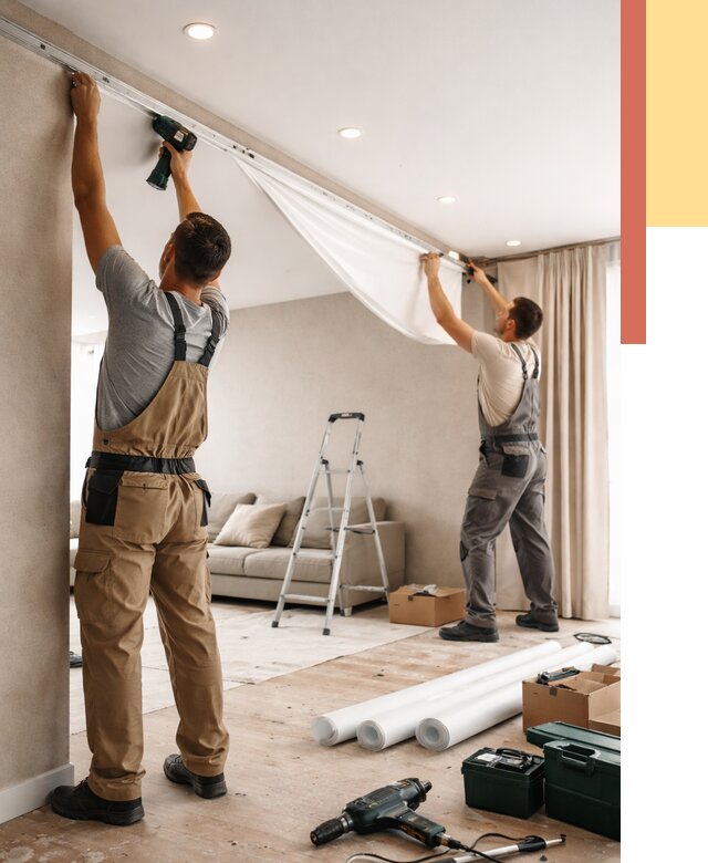 Монтаж натяжного потолка в гостиной в Долгопрудном от 558 руб. | ОТДЕЛОЧНИК-Длг