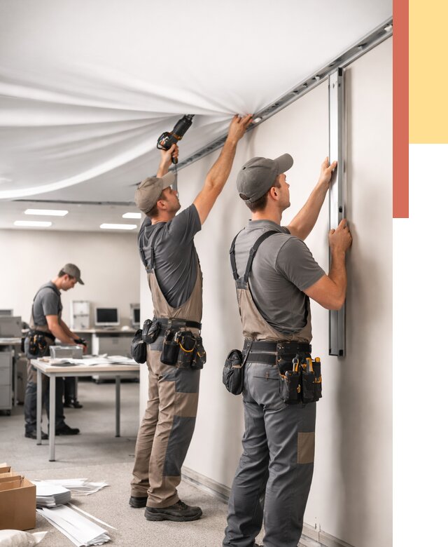 Монтаж натяжного потолка в офисе в Долгопрудном от 457 руб/м² — быстро и недорого | ОТДЕЛОЧНИК-Длг