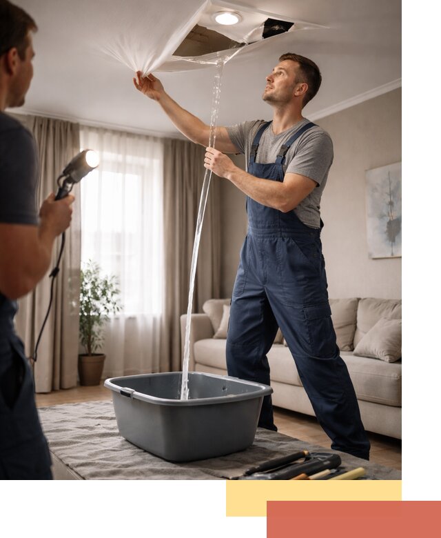 Слив воды с натяжного потолка в Долгопрудном быстро и аккуратно