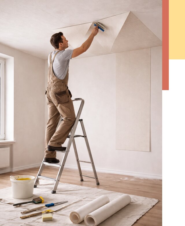 Поклейка обоев на потолок в Долгопрудном от 4566 руб. быстро и недорого | ОТДЕЛОЧНИК-Длг